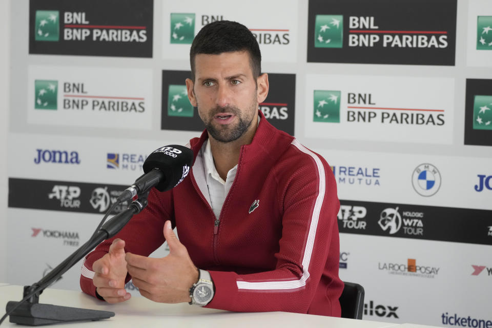 Serbia's Novak Djokovic talks to journalists during a press conference at the Italian Open tennis tournament in Rome, Wednesday, May 8, 2024.(AP Photo/Gregorio Borgia)