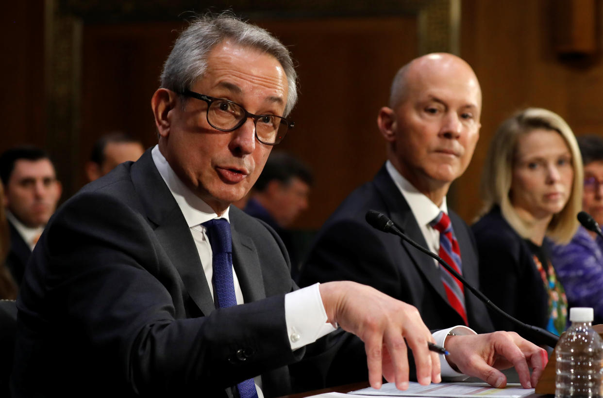 Equifax Interim CEO Paulino Barros (L), former Equifax CEO Richard Smith (C) and former Yahoo Chief Executive Marissa Mayer (R) testify before a Senate Commerce, Science and Transportation hearing on “Protecting Consumers in the Era of Major Data Breaches” on Capitol Hill in Washington, U.S., November 8, 2017. REUTERS/Kevin Lamarque