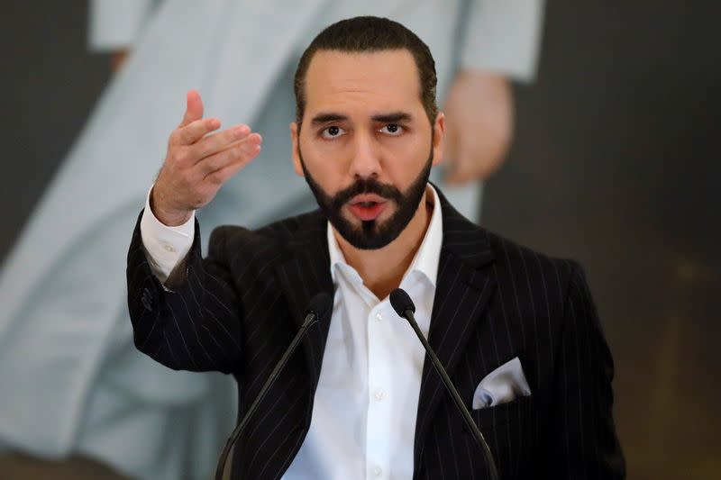 FILE PHOTO: El Salvador President Nayib Bukele speaks during a news conference in San Salvador