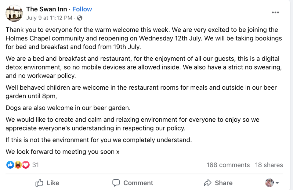The Swan shared its planned rules in a Facebook post. (Facebook/The Swan Inn)
