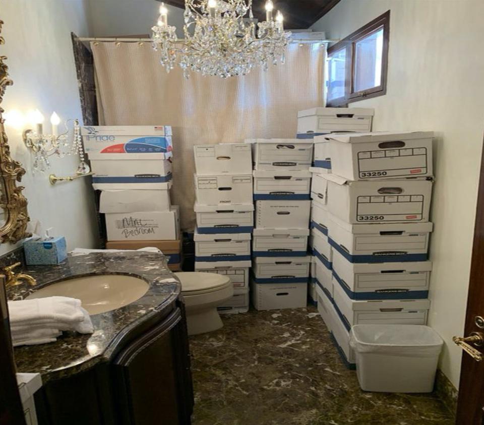 The Trump federal indictment includes this photo of boxes of records stored in a bathroom and shower at Trump’s Mar-a-Lago estate in Palm Beach, Fla. <a href="https://newsroom.ap.org/detail/APTOPIXTrumpClassifiedDocuments/2d076c18d4c6444987df88fcf14ea542/photo?Query=Trump%20mar%20a%20lago%20documents%20bathroom&mediaType=photo&sortBy=arrivaldatetime:desc&dateRange=Anytime&totalCount=1&currentItemNo=0" rel="nofollow noopener" target="_blank" data-ylk="slk:Justice Department via AP;elm:context_link;itc:0;sec:content-canvas" class="link ">Justice Department via AP</a>