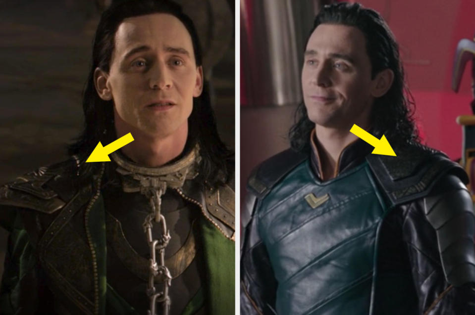 Loki's ornate shoulder pad in Dark World vs. Loki's angular shoulder pad in Ragnarok