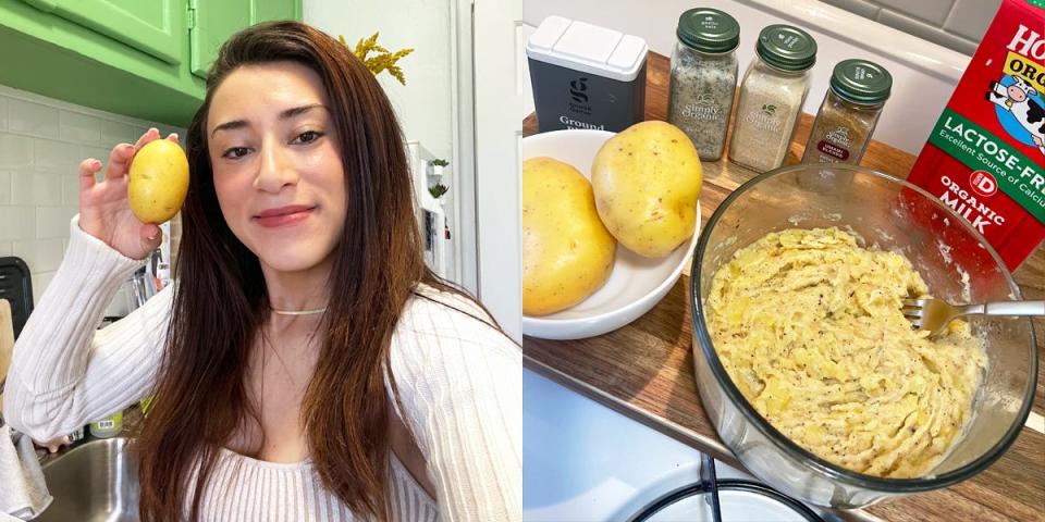 the writer holding a potato next to photo of mashed potatoes and ingredients