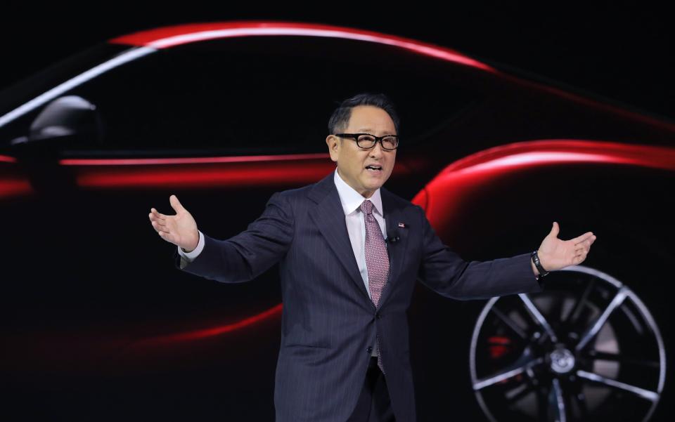 President of Toyota Motor Corporation Akio Toyoda speaks during the unveiling of the 2020 Toyota Supra during the North American International Auto Show in Detroit, Michigan, U.S., January 14, 2019. REUTERS/Brendan Mcdermid