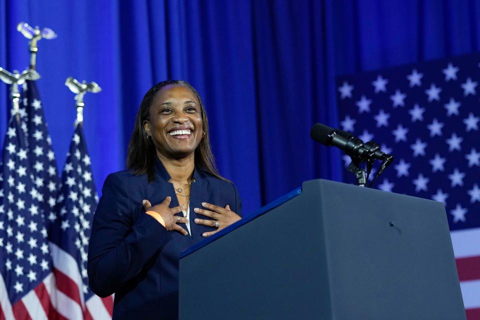 Laphonza Butler speaks during an event in Washington on June 23, 2023. California Gov. Gavin Newsom has named Butler to fill the U.S. Senate seat made vacant by Sen. Dianne Feinstein's death.