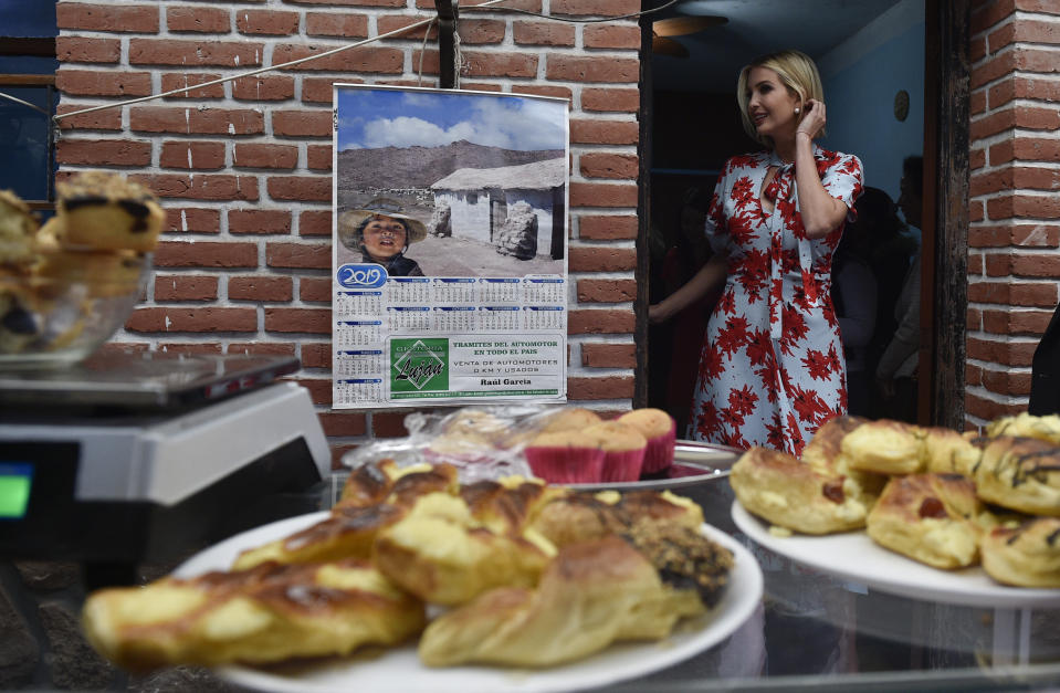 Ivanka Trump, President Donald Trump's daughter and White House adviser, leaves Graciela Cristina Alcocer's bakery in Jujuy, Argentina, Thursday, Sept. 5, 2019. Ivanka Trump is on the second stop of her South America trip aimed at promoting women's empowerment. (AP Photo/Gustavo Garello)