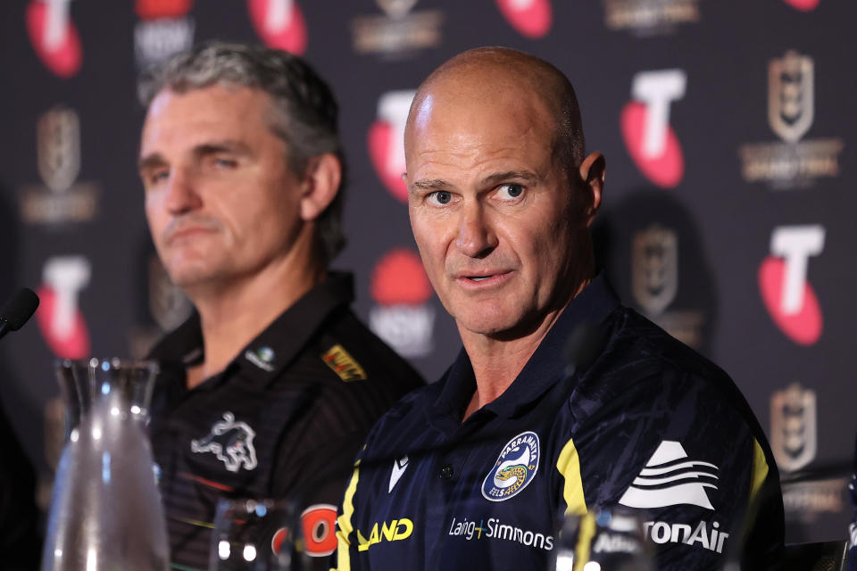 Nathan Cleary and Brad Arthur, pictured here speaking to the media during the 2022 NRL grand final media conference.