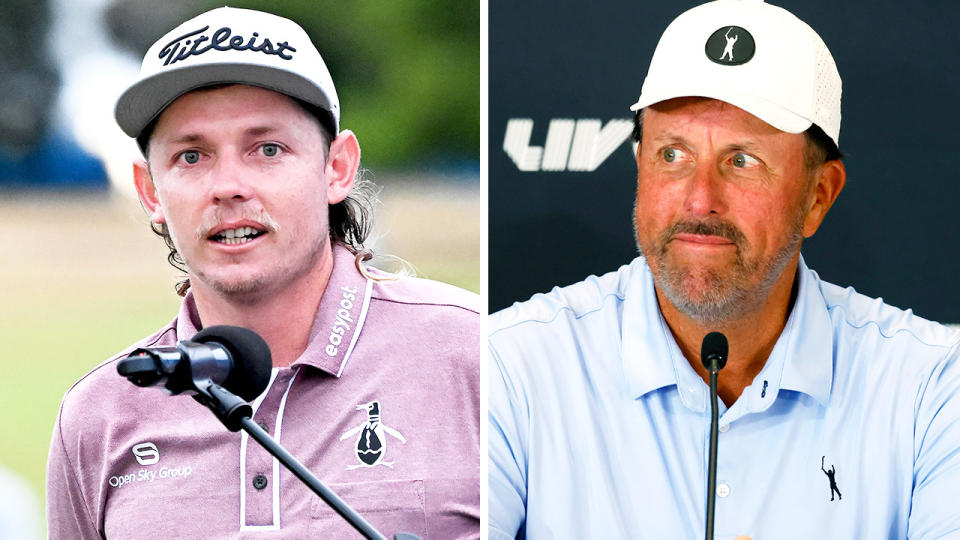 Aussie golfer Cameron Smith during an interview and Phil Michelson speaks at a press conference.