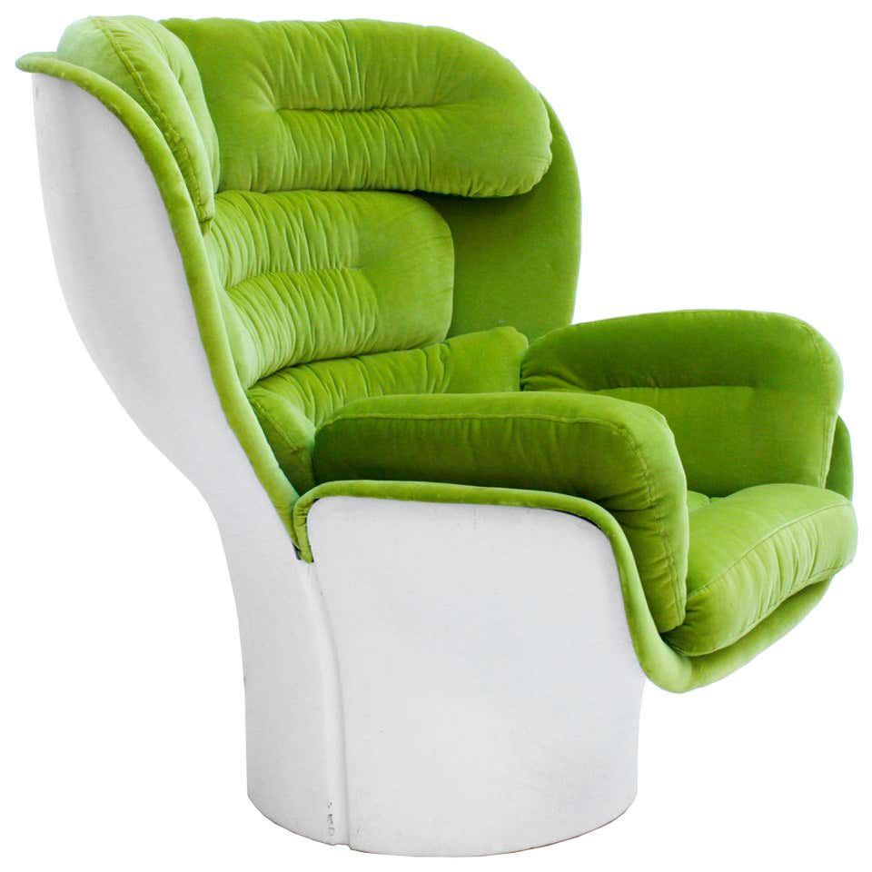 Mid-Century Modern Green Velvet "Elda" Italian Lounge Chair