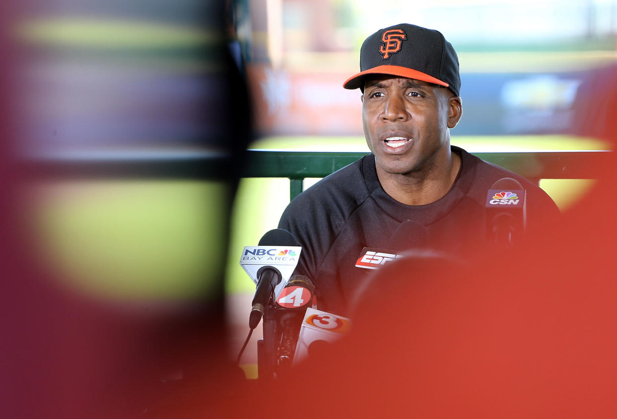 SCOTTSDALE, AZ - MARCH 10:  Barry Bonds of the San Francisco Giants speaks during a press conference about his return to the organization as a special hitting coach for one week of Spring Training at Scottsdale Stadium on March 10, 2014 in Scottsdale, Arizona.  (Photo by Christian Petersen/Getty Images) 