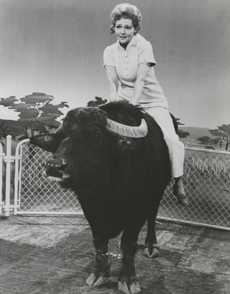 Betty White sitting atop a buffalo on the set of a show