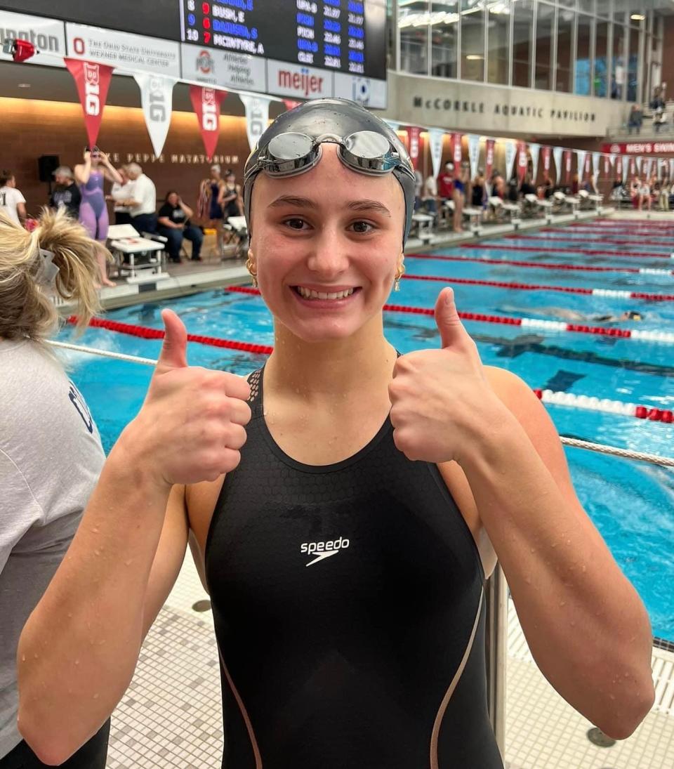 Watkins Memorial’s Ava Dutton placed third in both the 50 freestyle and 100 free Saturday during the Ned Reeb Invitational at Ohio State.