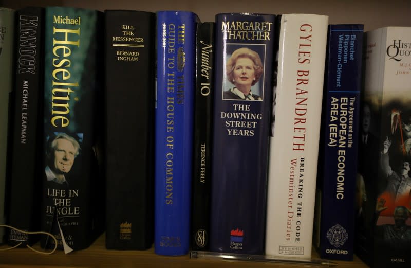 Political books are seen on a shelf at the campaign office of Kieran Mullan, the Conservative candidate for Crewe and Nantwich in Nantwich