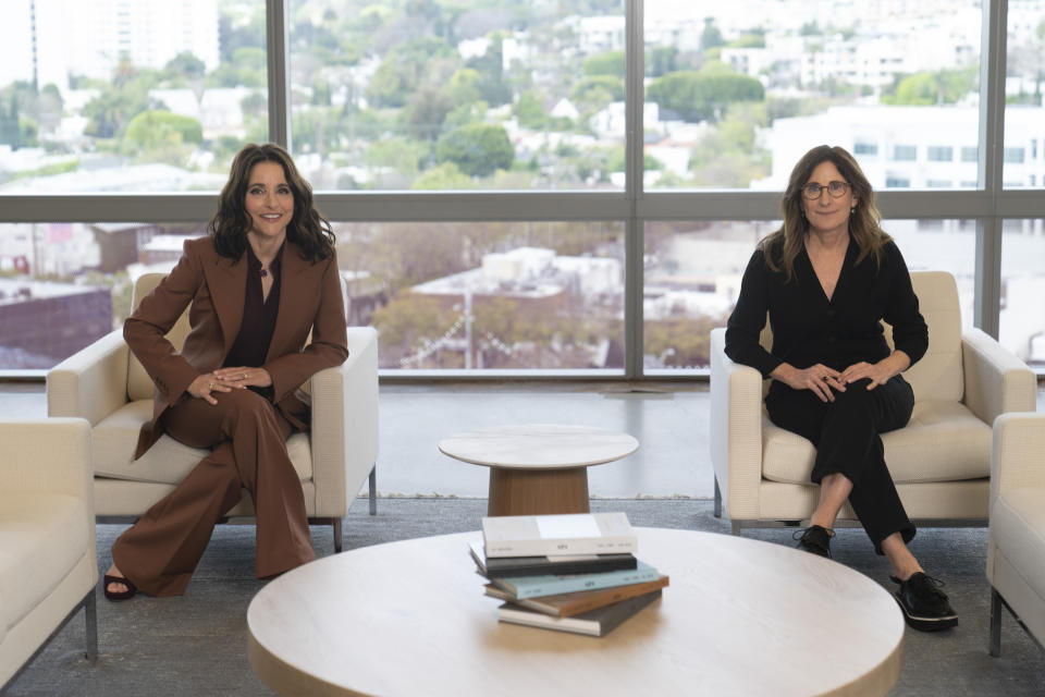 Julia Louis-Dreyfus, left, and Nicole Holofcener pose for a portrait to promote the film "You Hurt My Feelings" on Thursday, May 11, 2023, at the Pacific Design Center in West Hollywood, Calif. (AP Photo/Jae C. Hong)