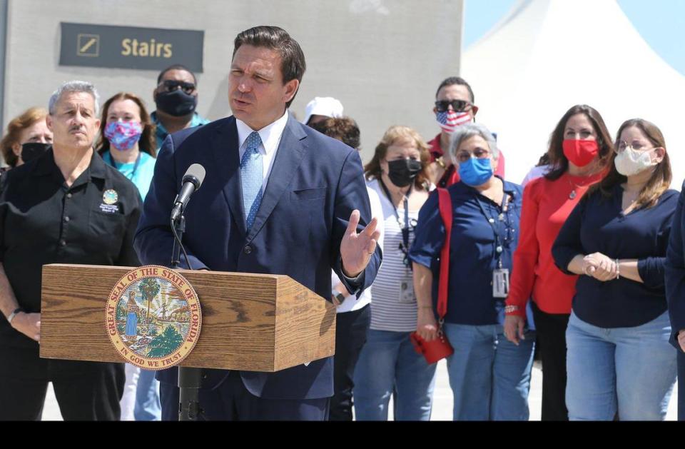 On April 8, Florida Gov. Ron DeSantis holds a press conference at PortMiami to announce a lawsuit against the CDC to try to get cruising restarted.