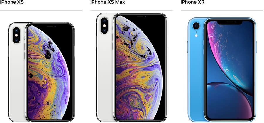 尺寸比較：XS等同去年iPhone X的尺寸，Max是去年iPhone 8 Plus的尺寸，XR介乎兩者之間。