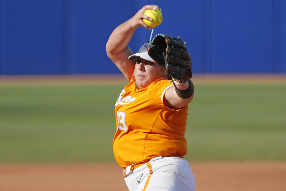 Tennessee's Payton Gottshall pitches against Florida State during the first inning of an NCAA softball Women's College World Series game, Monday, June 5, 2023, in Oklahoma City. (AP Photo/Nate Billings)