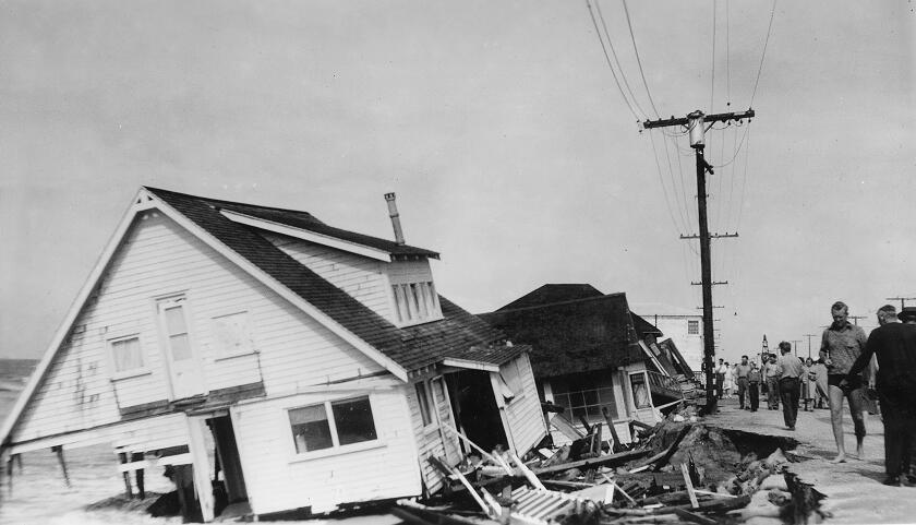 Damage from the September 1939 Cordonazo tropical storm in Orange County's Sunset Beach.(Orange County Archives)