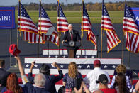 Vice President Mike Pence delivers remarks at a campaign rally at Allegheny County Airport in West Mifflin, Pa, Friday, Oct. 23, 2020. (AP Photo/Gene J. Puskar)
