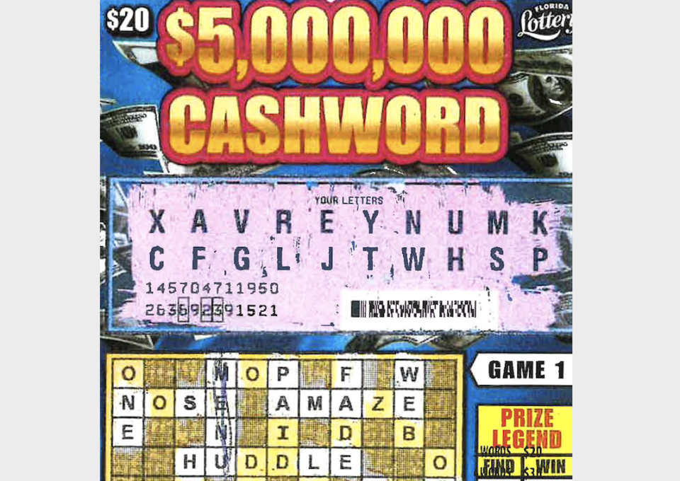 This is the top half of Wilma Todd's winning ticket in the Florida Lottery's $5,000,000 CASHWORD scratch-off game.