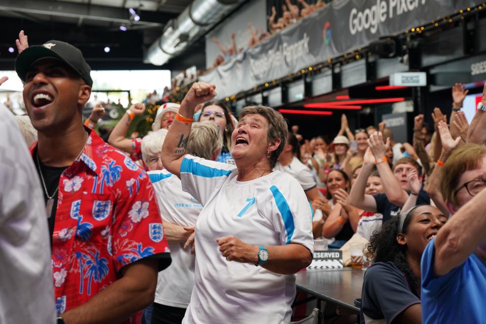 Members of the 1972 England lioness react during a screening of the FIFA Women's World Cup 2023 final between England and Spain at BOXPARK Wembley, London. Picture date: Sunday August 20, 2023.