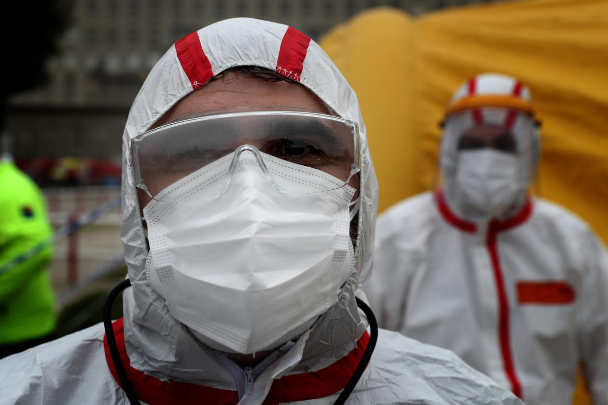 A health worker wearing a protective suit pose for a portrait in the new triage center for Covid-19 at Santa Maria Hospital, which opened today to help in the reception of patients in Lisbon, Portugal, on January 29, 2021. Portugal is reporting new daily records of COVID-19 deaths and hospitalizations as a recent pandemic surge continues unabated. (Photo by Pedro Fiúza/NurPhoto via Getty Images)