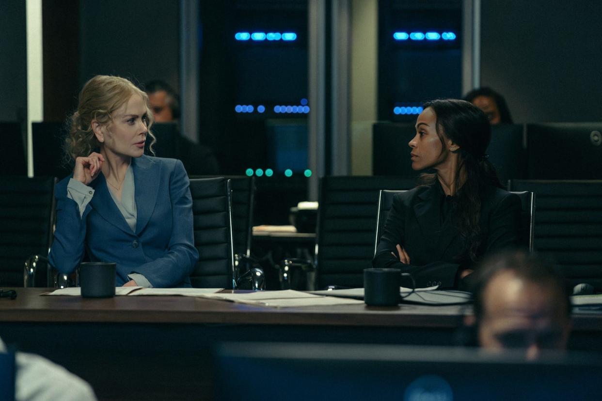 l r nicole kidman as kaitlyn meade and zoe saldana as joe in lioness, episode 3, season 2, streaming on paramount, 2024 photo credit ryan greenparamount