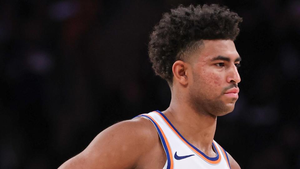 Oct 9, 2023; New York, New York, USA; New York Knicks guard Quentin Grimes (6) looks on during the first half against the Boston Celtics at Madison Square Garden. Mandatory Credit: Vincent Carchietta-USA TODAY Sports