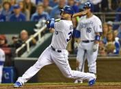 Oct 5, 2014; Kansas City, MO, USA; Kansas City Royals first baseman Eric Hosmer (35) watches his two-run home run against the Los Angeles Angels during the third inning in game three of the 2014 ALDS baseball playoff game at Kauffman Stadium. Mandatory Credit: Peter G. Aiken-USA TODAY Sports