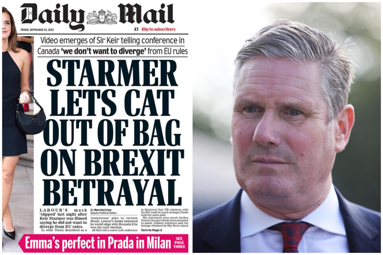 Sir Keir Starmer said 'we don’t want to diverge' from EU rules - remarks which made the front of Friday's Daily Mail. (BBC/PA)