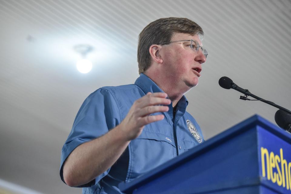 Mississippi Governor Tate Reeves speaks at the Neshoba County Fair in Philadelphia, Miss., Thursday, July 28, 2022.