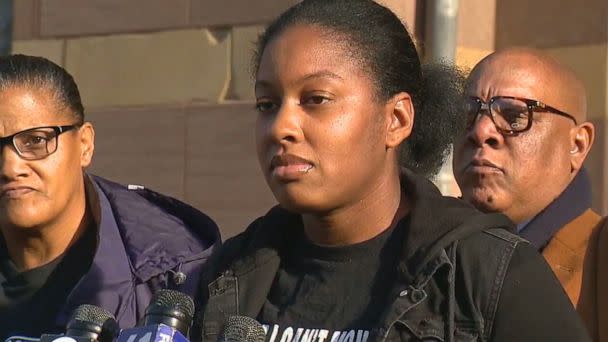 PHOTO: LaToya Boomer, Randy Cox's sister, speaks out at a press conference after five New Haven police officers were charged over an incident that left Cox paralyzed. (WTNH)