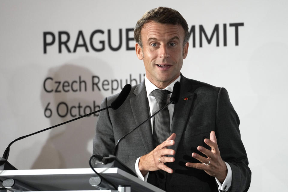 French President Emmanuel Macron speaks during a media conference after a meeting of the European Political Community at Prague Castle in Prague, Czech Republic, Thursday, Oct 6, 2022. The leaders of 44 European countries stretching from Iceland all the way to Turkey met Thursday in what many said was a united stand against Russia's war on Ukraine, as an energy crisis and high inflation fueled by the conflict wreak havoc on their economies. (AP Photo/Darko Bandic)