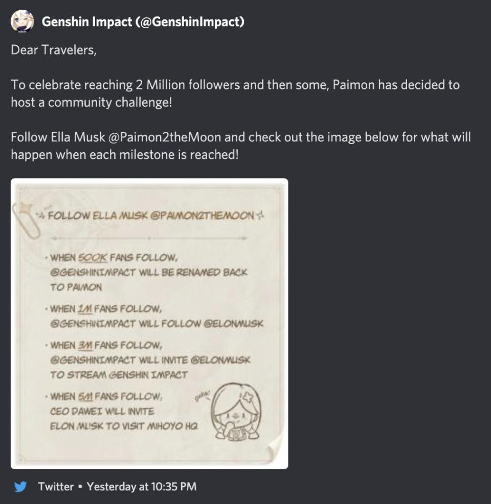 a tweet from the "Genshin Impact" official account that lists rewards for following the Ella Musk (@Paimon2theMoon) account