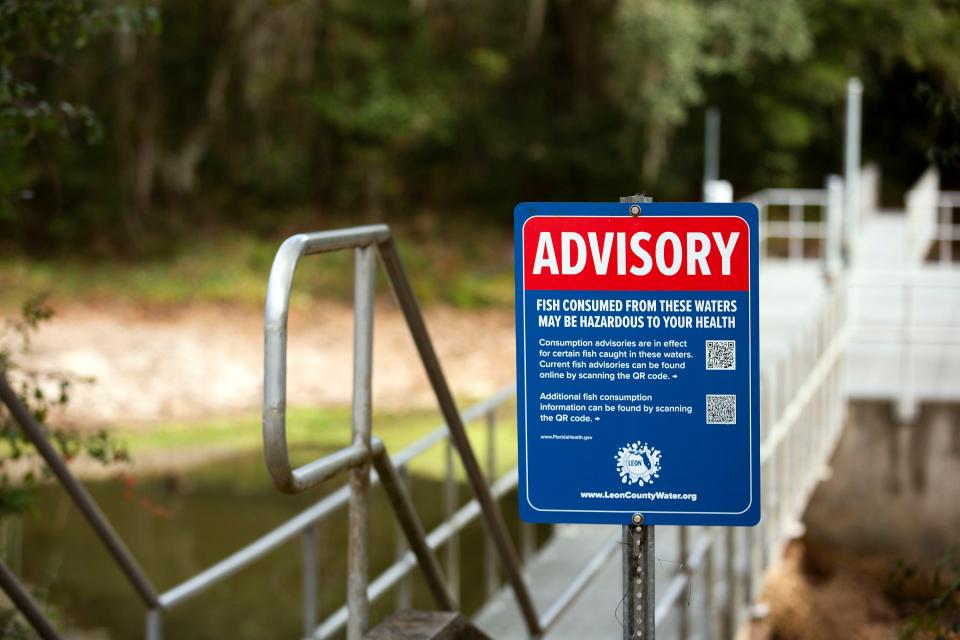 A fish consumption advisory on Lake Munson, as seen on Tuesday, Nov. 22, 2022 in Tallahassee, Fla. 