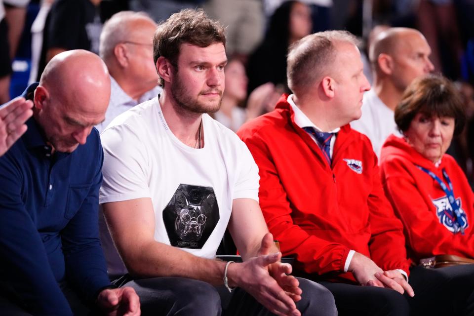 Jan 18, 2024; Boca Raton, Florida, USA; Florida Panthers center Aleksander Barkov watches a game between the Florida Atlantic Owls and the Wichita State Shockers at Eleanor R. Baldwin Arena. Mandatory Credit: Rich Storry-USA TODAY Sports