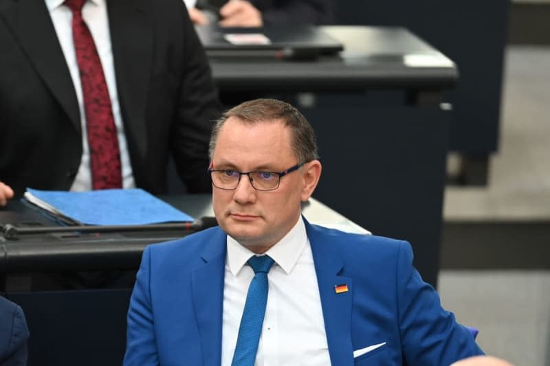 Tino Chrupalla, leader of the AfD parliamentary group, can be seen during a topical debate on "Russia, China and the AfD" in the German Bundestag. Jessica Lichetzki/dpa