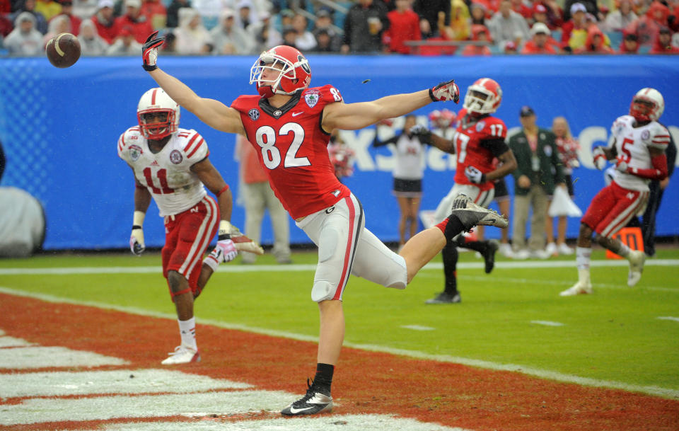 Georgia wide receiver Michael Bennett (82) misses a pass in the endzone during the second half of the Gator Bowl NCAA college football game against Nebraska, Wednesday, Jan. 1, 2014, in Jacksonville, Fla. Nebraska beat Georgia 24-19. (AP Photo/Stephen B. Morton)