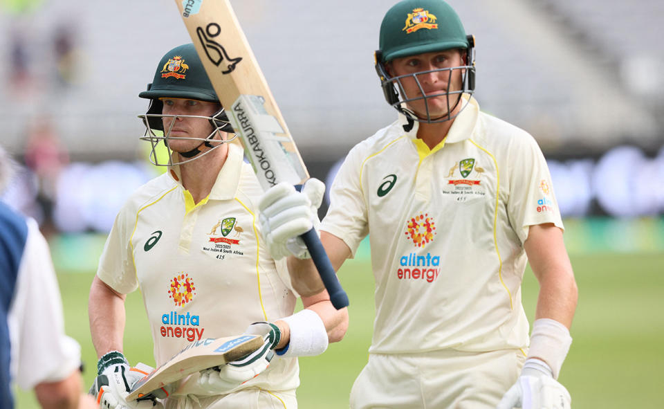 Steve Smith and Marnus Labuschagne, pictured here after day one of the first Test against West Indies. (Photo by TREVOR COLLENS/AFP via Getty Images)