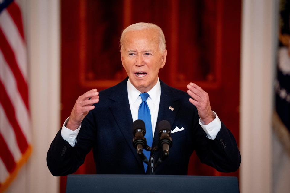 President Joe Biden speaks to the media following the Supreme Court's ruling on charges against former President Donald Trump that he sought to subvert the 2020 election, at the White House on July 1, 2024 in Washington, DC. The highest court ruled 6-3 that presidents have some level of immunity from prosecution when operating within their "constitutional authority," but do not have absolute immunity.