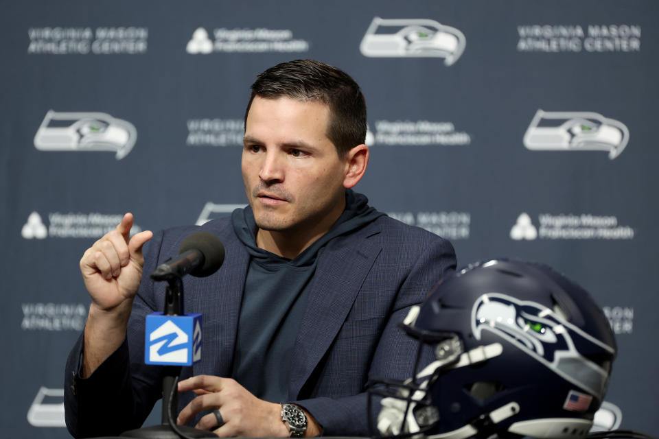 RENTON, WASHINGTON – FEBRUARY 01: Mike Macdonald as Macdonald speaks to the media as he is named the new head coach of the Seattle Seahawks at Virginia Mason Athletic Center on February 01, 2024 in Renton, <a class="link " href="https://sports.yahoo.com/nfl/teams/washington/" data-i13n="sec:content-canvas;subsec:anchor_text;elm:context_link" data-ylk="slk:Washington;sec:content-canvas;subsec:anchor_text;elm:context_link;itc:0">Washington</a>. (Photo by Steph Chambers/Getty Images)