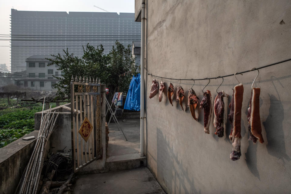 Panza de cerdo puesta a secar en el poblado de Gang Biansun, cerca de la granja porcina urbana en las afueras de Ezhou, China, el 10 de enero de 2023. En la dieta china, el cerdo es de especial importancia cultural y gastronómica. (Gilles Sabrie/The New York Times).