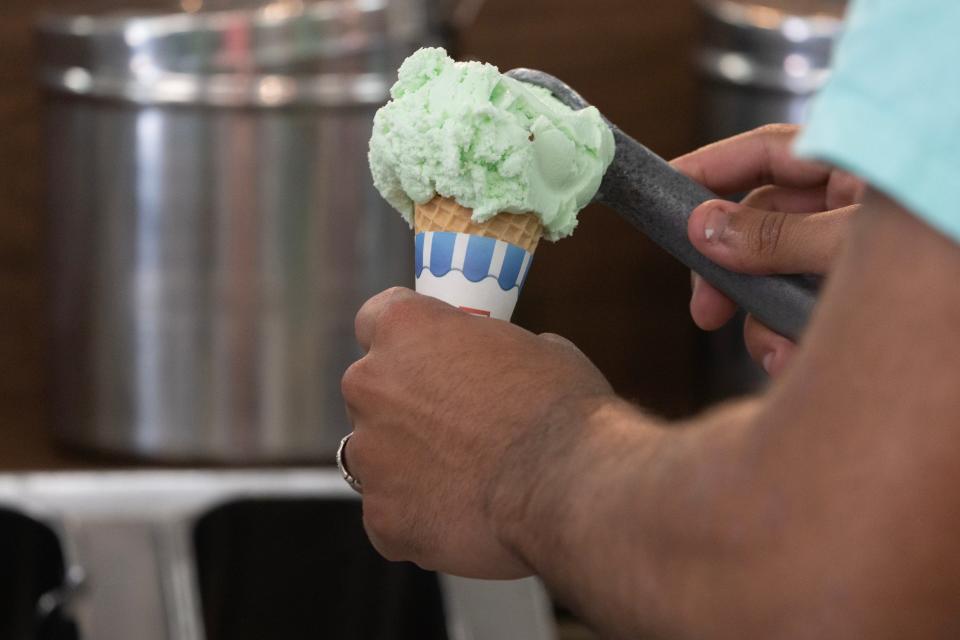 Bischoff's ice cream shop is open for its first day of its summer pop-up in Teaneck, NJ on Friday May 26, 2023. The shop will be open through Labor Day. The shop opened at 11AM on Friday to a line of people supporting the reopening. 