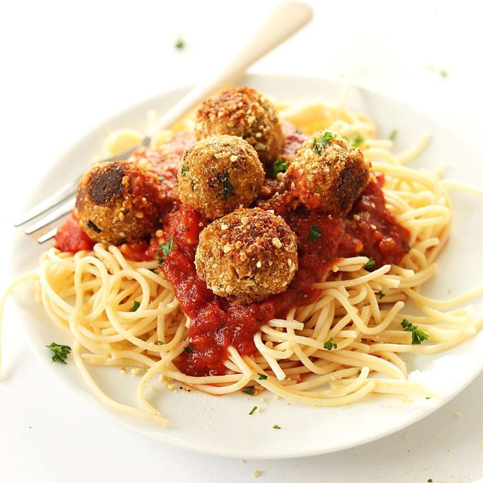 <p>Toss these <a rel="nofollow noopener" href="http://minimalistbaker.com/simple-vegan-meatballs/#_a5y_p=2583192" target="_blank" data-ylk="slk:Simple Vegetarian Meatballs;elm:context_link;itc:0" class="link ">Simple Vegetarian Meatballs</a> on top of some hearty spaghetti and sauce and you'll have the ultimate, easy, meat-free comfort meal. Just throw tempeh in the food processor, mix with the other usual meatball ingredients (including vegan bread crumbs and a flax egg if you're steering clear of animal products completely) and pop in the oven. (Try these <a rel="nofollow noopener" href="https://www.shape.com/healthy-eating/meal-ideas/10-healthy-pasta-alternatives" target="_blank" data-ylk="slk:10 Healthy Pasta Alternatives;elm:context_link;itc:0" class="link ">10 Healthy Pasta Alternatives</a> to turn up the good-for-you temperature even more.)</p>