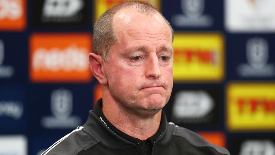 Seen here, Wests Tigers coach Michael Maguire fronts media in a post-match NRL press conference.