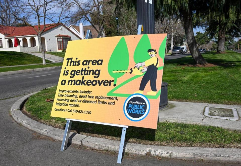 Signs give notice of a tree-trimming effort beginning soon on the deodar cedars lining the median along Van Ness Boulevard south of Shields Avenue.