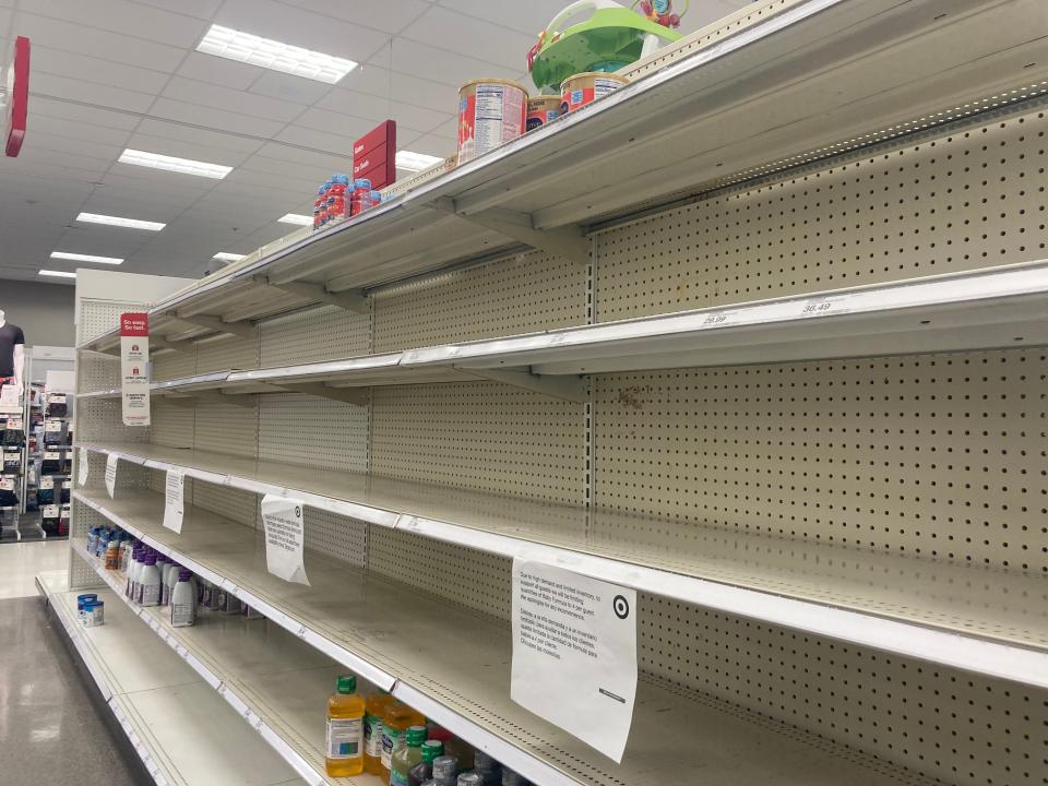 With the exception of toddler and liquid formula, shelves  remain bare of infant formula Wednesday, May 18, 2022, at Target in Fayetteville.