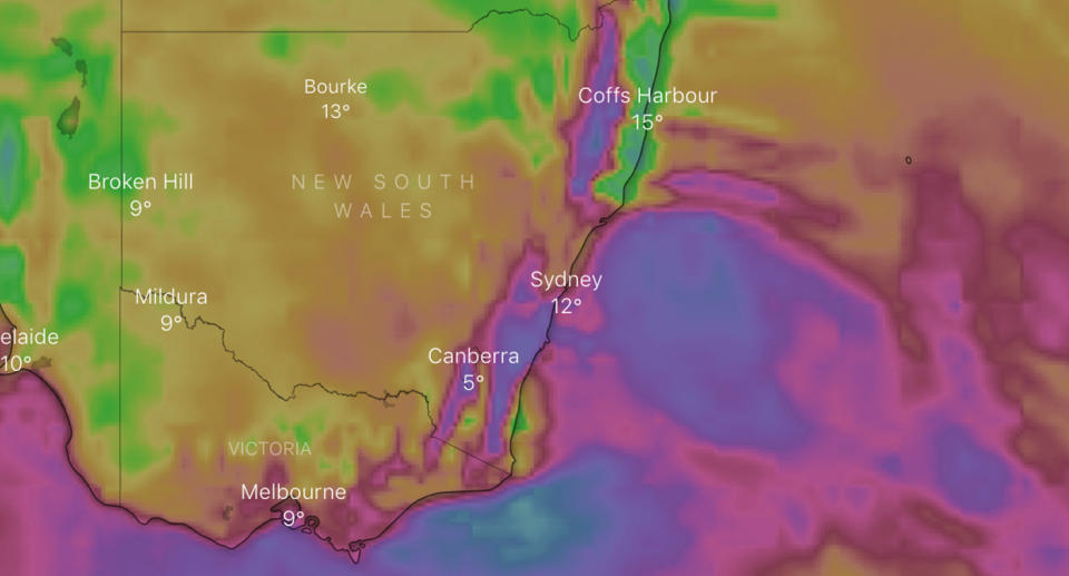 Weather map shows winds over Sydney. 