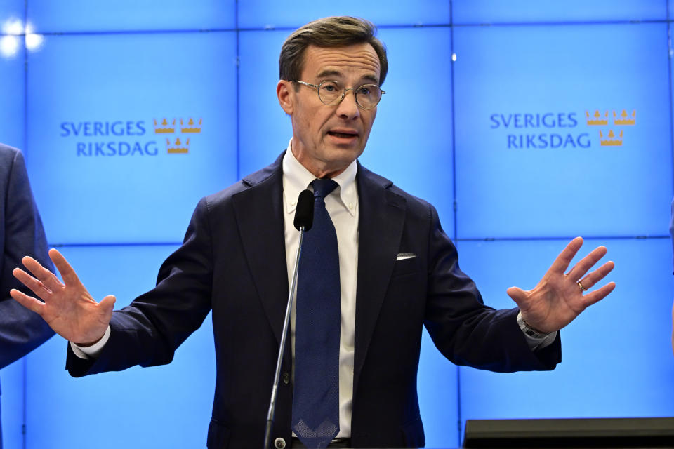 Ulf Kristersson, leader of the Moderate Party, speaks during a press conference regarding the formation of the government, at the Parliament in Stockholm, Sweden, Friday Oct. 14, 2022. (Jonas Ekströmer/TT News Agency via AP)