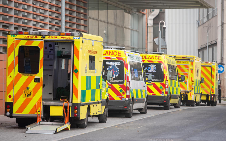 General view of ambulances outside the Royal London Hospital, in London.